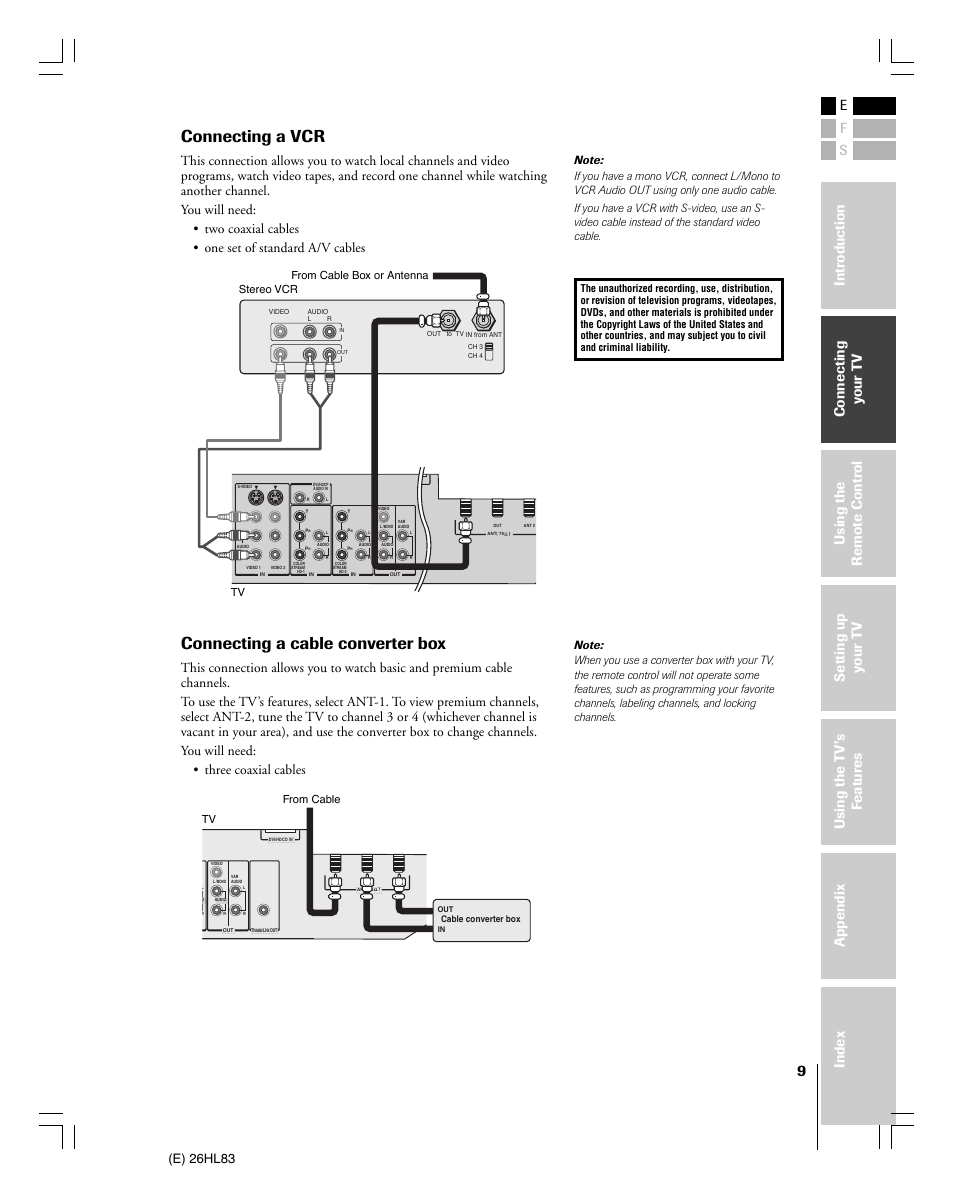 Connecting a vcr, Connecting a cable converter box, E) 26hl83 | Toshiba 26HL83 User Manual | Page 9 / 66