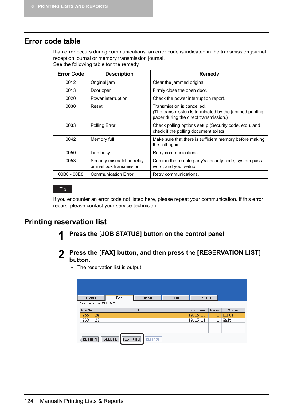Error code table, Printing reservation list, Error code table printing reservation list | Press the [job status] button on the control panel | Toshiba GD-1210 User Manual | Page 126 / 190