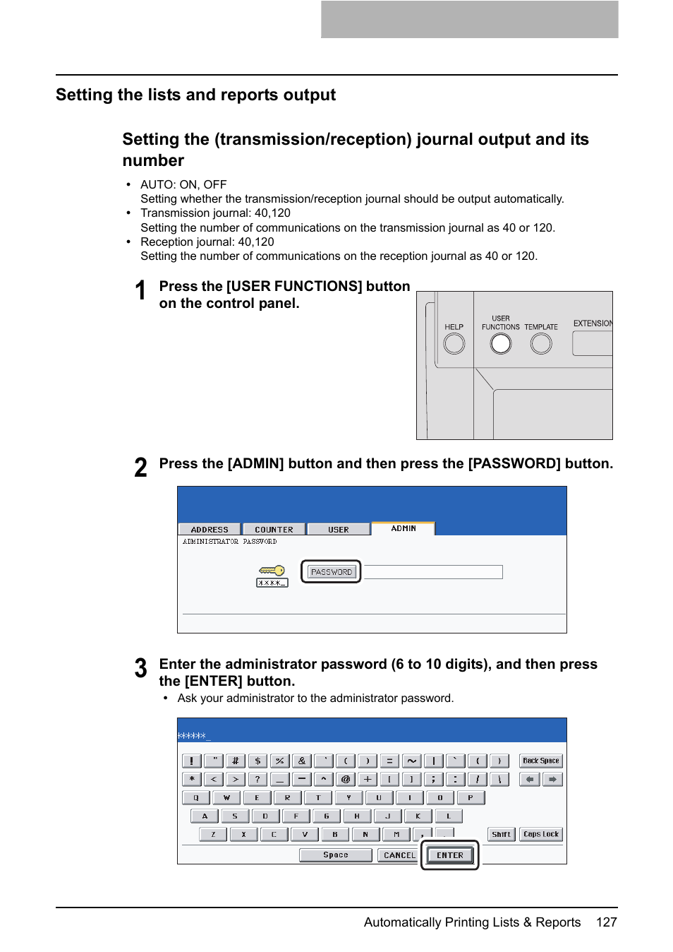 Setting the lists and reports output | Toshiba GD-1210 User Manual | Page 129 / 190