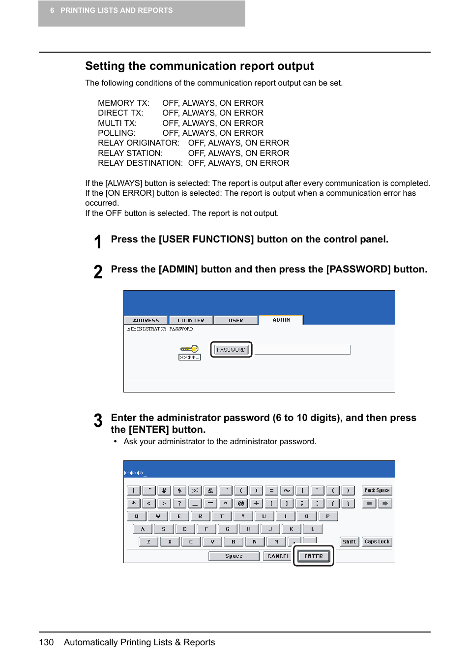 Setting the communication report output | Toshiba GD-1210 User Manual | Page 132 / 190