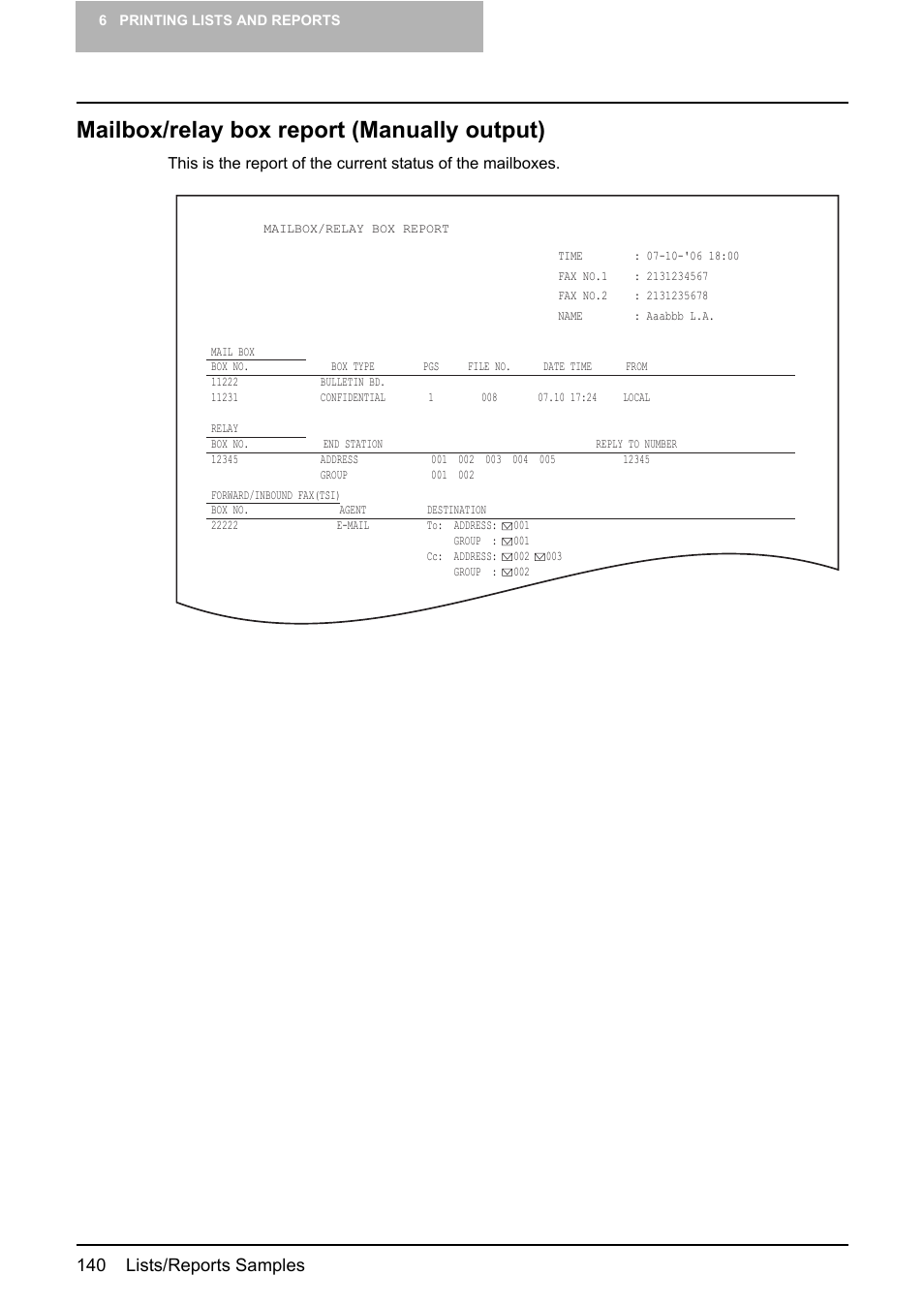 Mailbox/relay box report (manually output), 140 lists/reports samples | Toshiba GD-1210 User Manual | Page 142 / 190