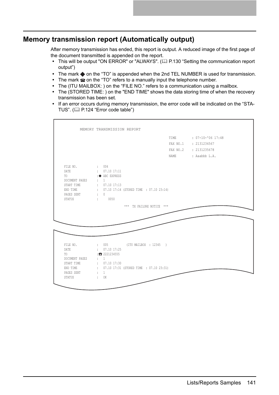 Memory transmission report (automatically output), Lists/reports samples 141 | Toshiba GD-1210 User Manual | Page 143 / 190