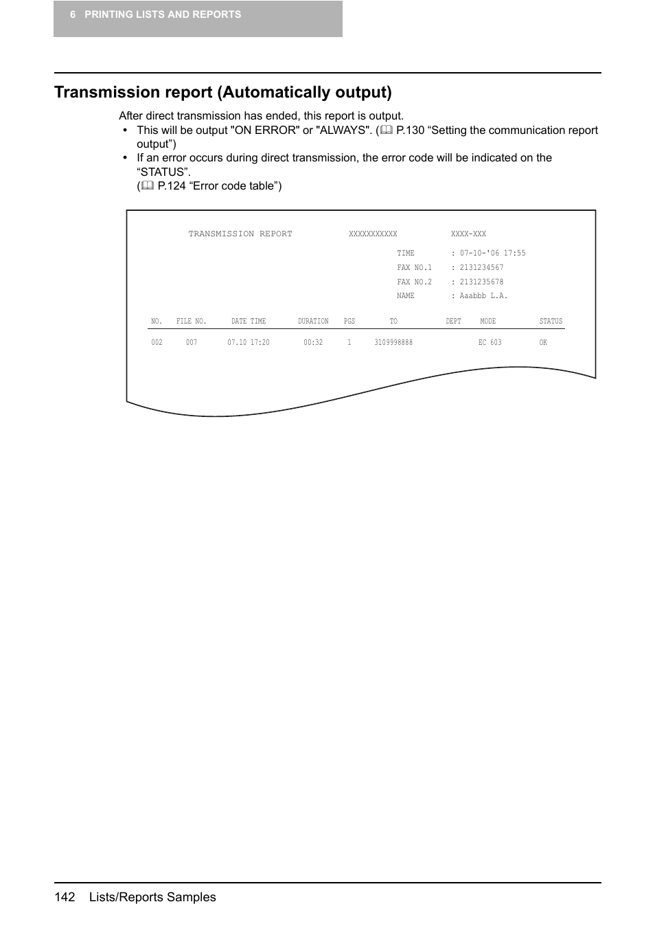 Transmission report (automatically output), 142 lists/reports samples | Toshiba GD-1210 User Manual | Page 144 / 190