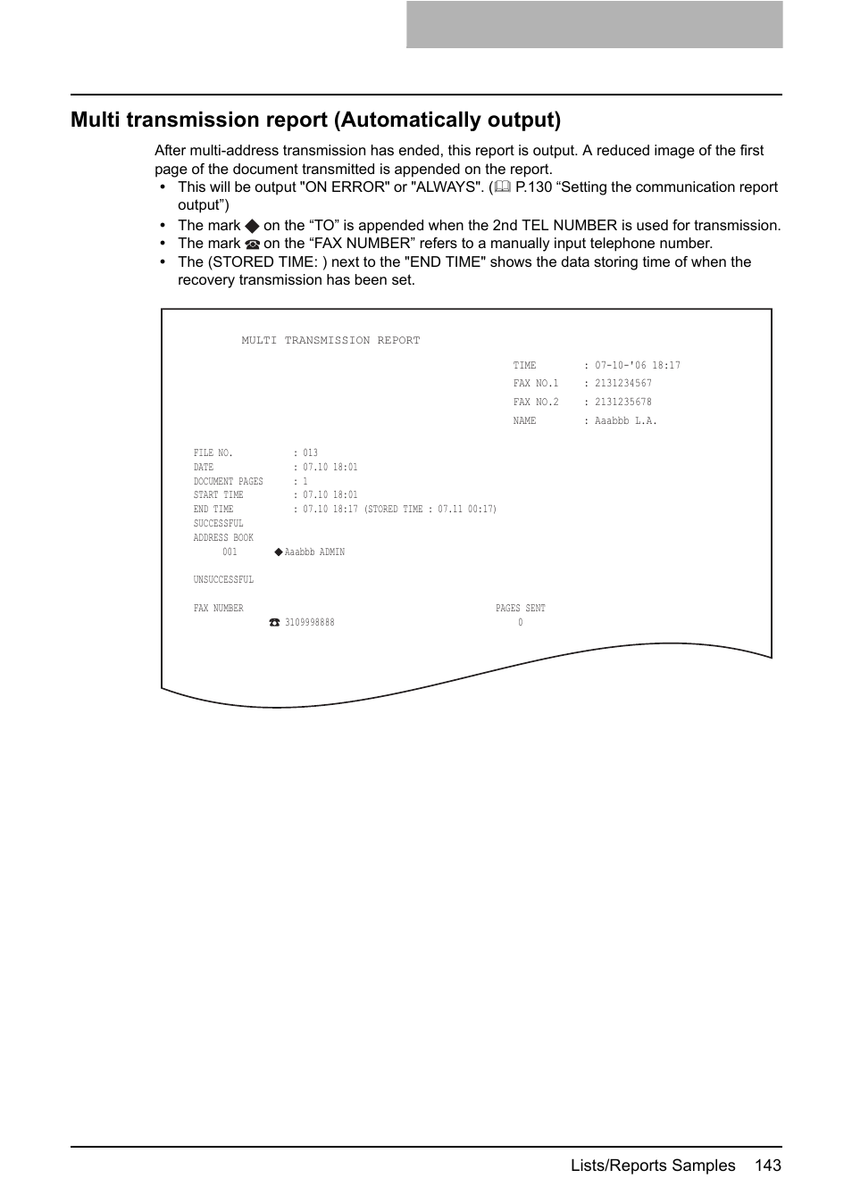 Multi transmission report (automatically output), Lists/reports samples 143 | Toshiba GD-1210 User Manual | Page 145 / 190