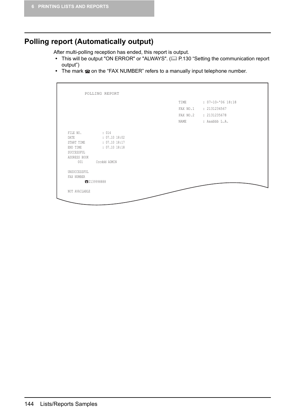 Polling report (automatically output), 144 lists/reports samples | Toshiba GD-1210 User Manual | Page 146 / 190
