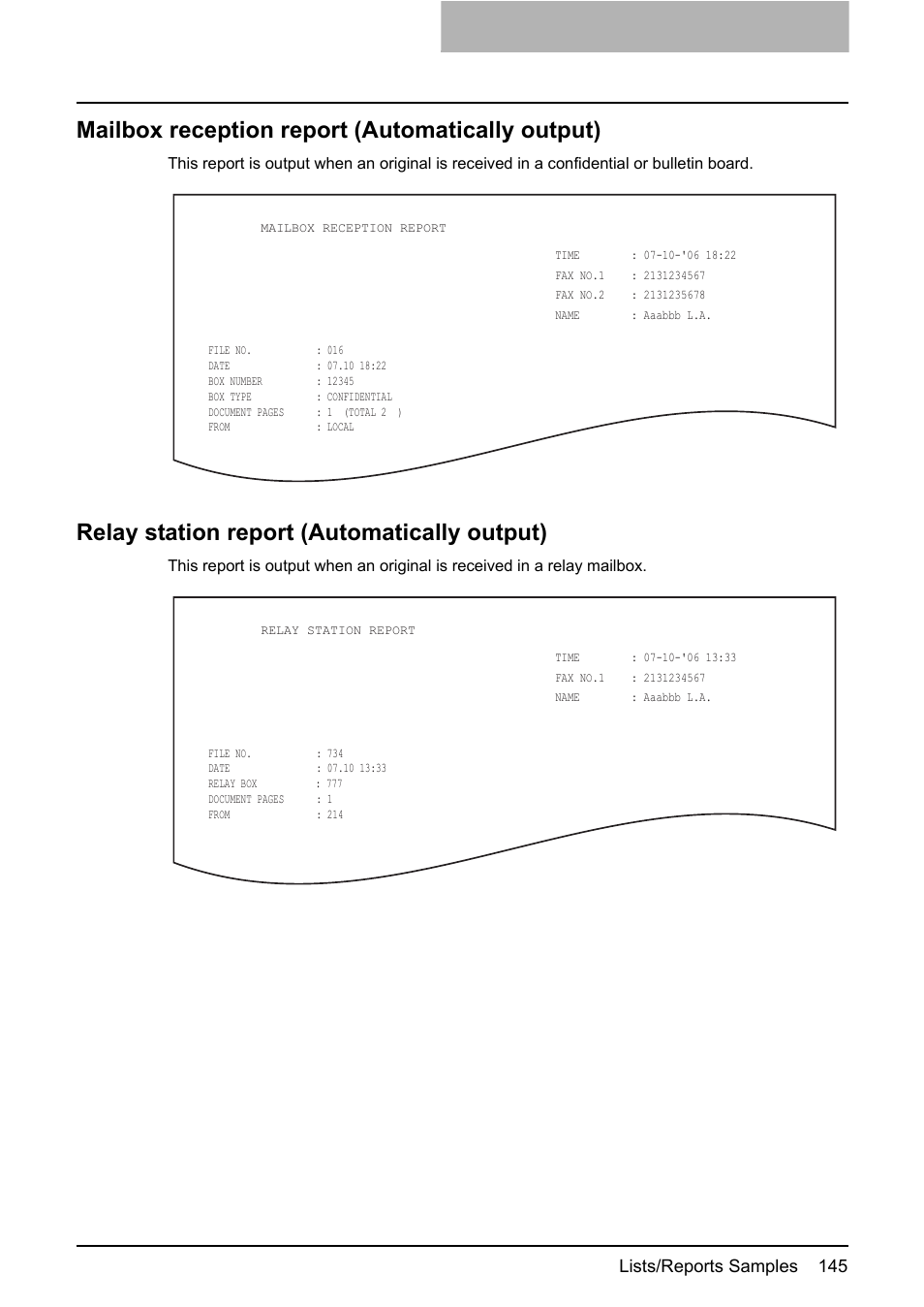 Mailbox reception report (automatically output), Relay station report (automatically output), Lists/reports samples 145 | Toshiba GD-1210 User Manual | Page 147 / 190