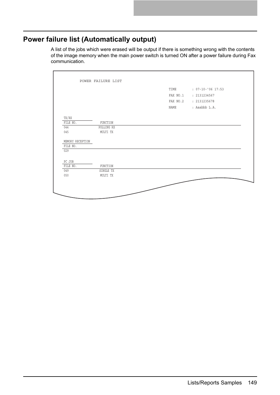 Power failure list (automatically output), Lists/reports samples 149 | Toshiba GD-1210 User Manual | Page 151 / 190