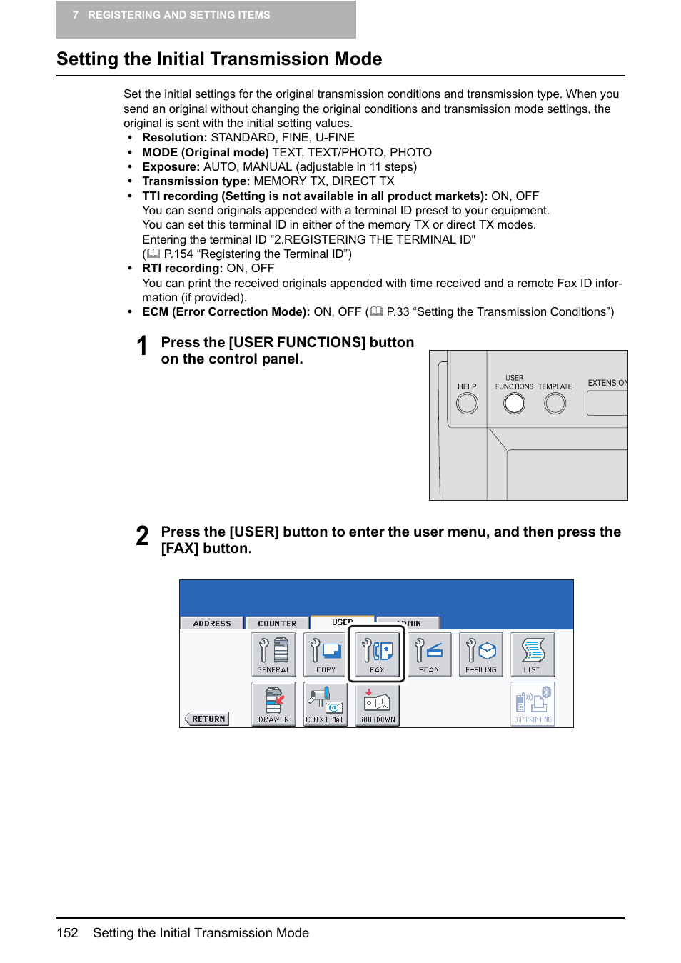Setting the initial transmission mode, P.152 “setting the initial transmission mode”) | Toshiba GD-1210 User Manual | Page 154 / 190