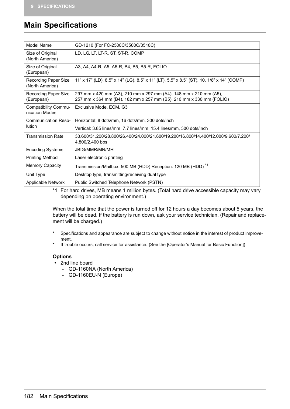 Main specifications | Toshiba GD-1210 User Manual | Page 184 / 190