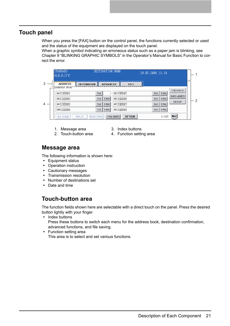 Touch panel, Message area, Touch-button area | Toshiba GD-1210 User Manual | Page 23 / 190