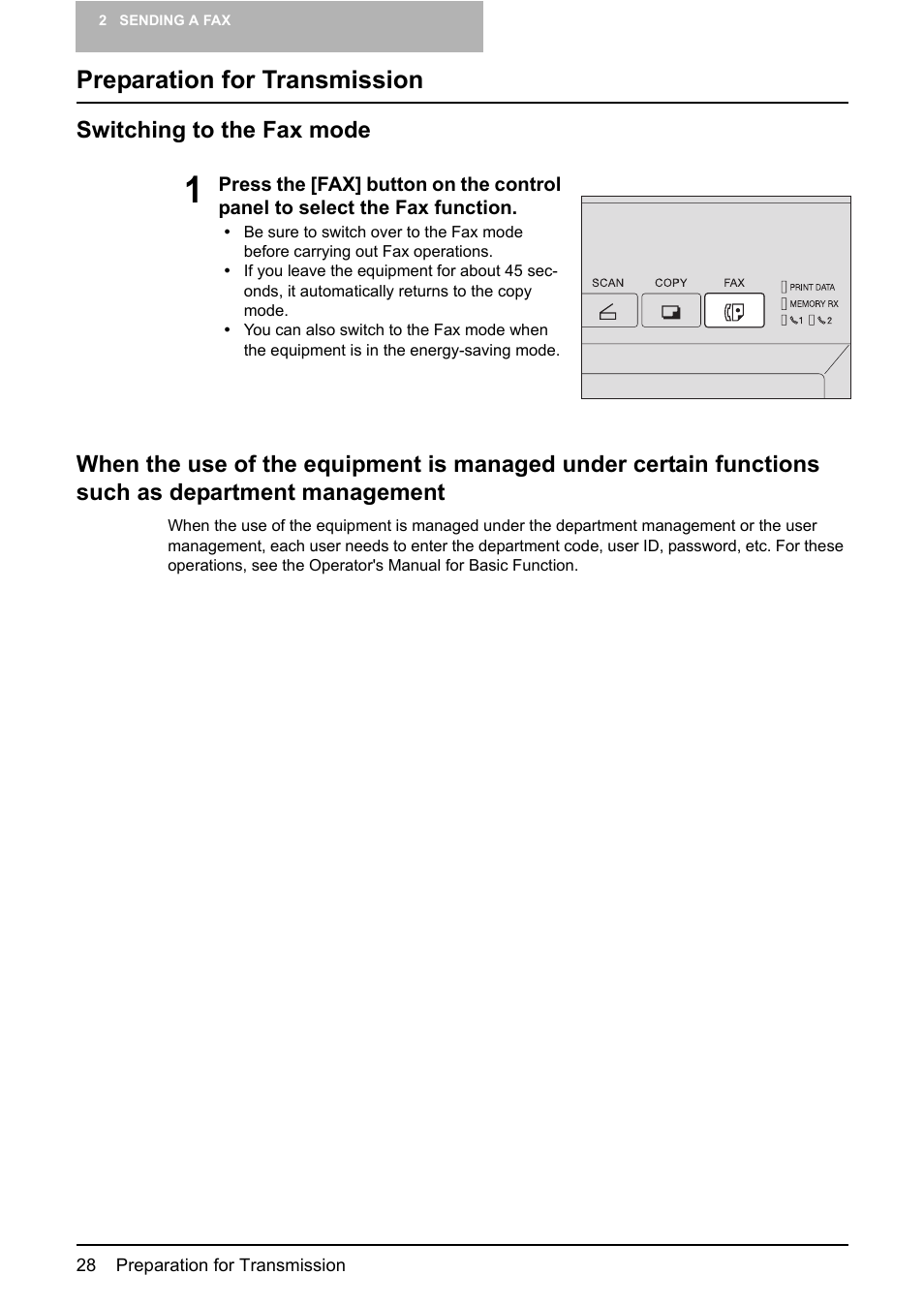 Preparation for transmission, Switching to the fax mode | Toshiba GD-1210 User Manual | Page 30 / 190