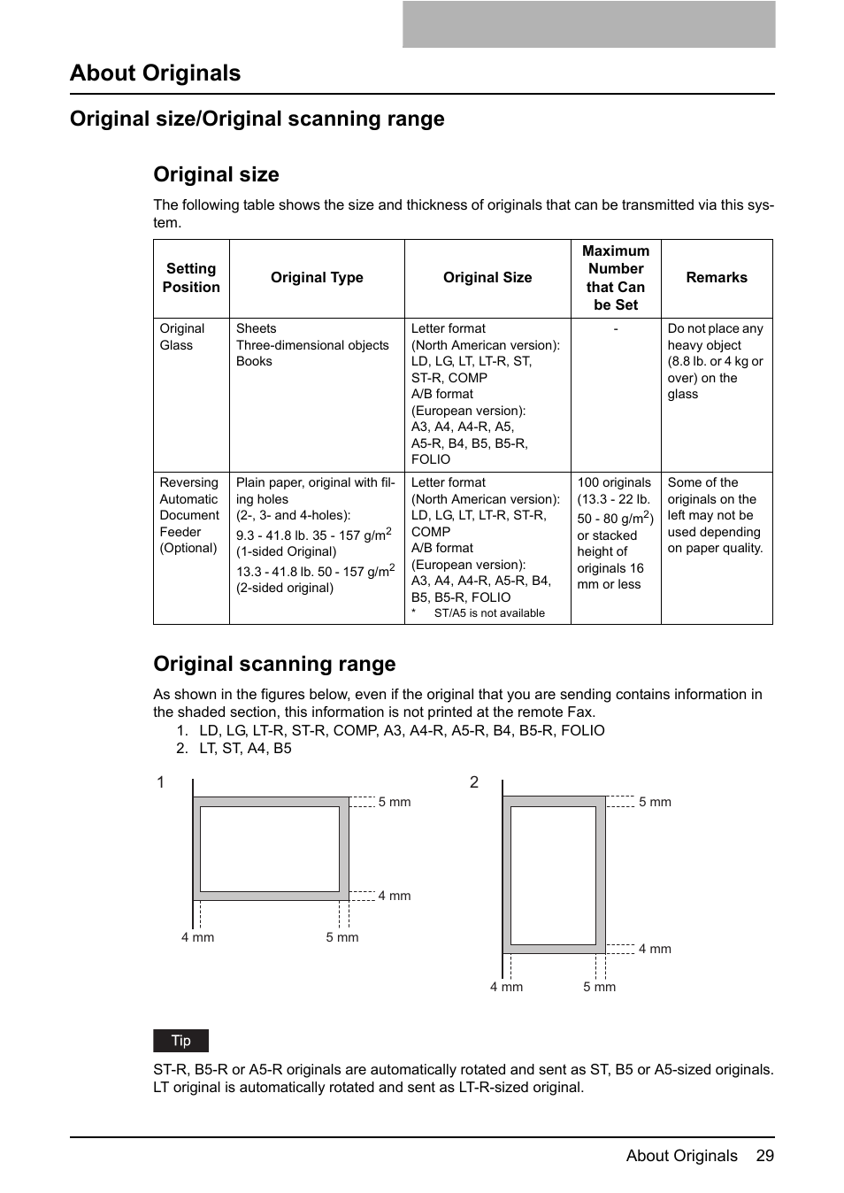 About originals, Original size/original scanning range, Original scanning range | Toshiba GD-1210 User Manual | Page 31 / 190