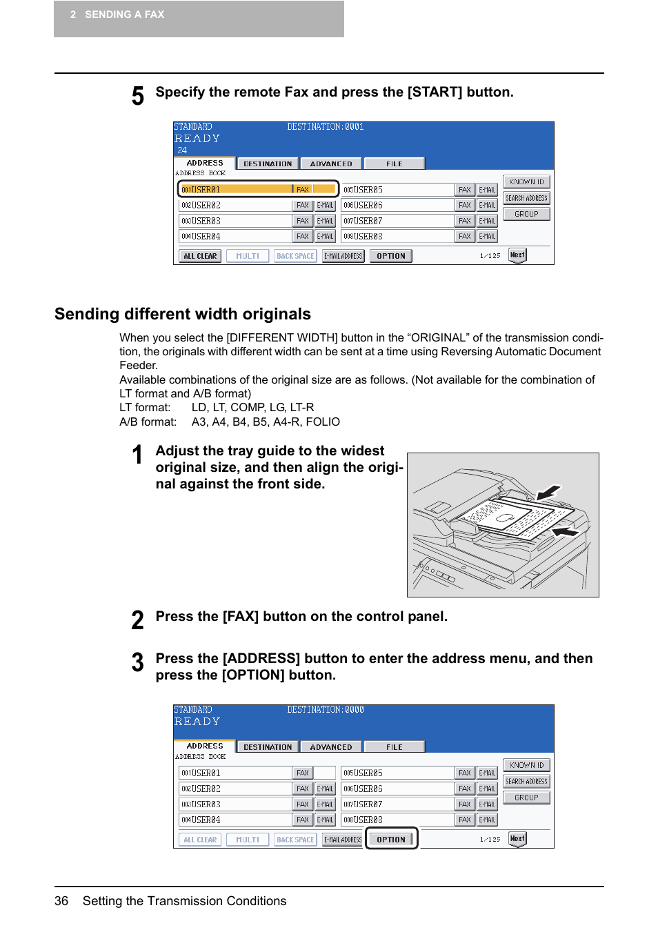Sending different width originals | Toshiba GD-1210 User Manual | Page 38 / 190