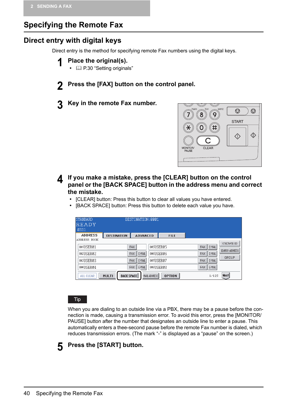 Specifying the remote fax, Direct entry with digital keys, P.40 “direct entry with digital keys”) | Toshiba GD-1210 User Manual | Page 42 / 190