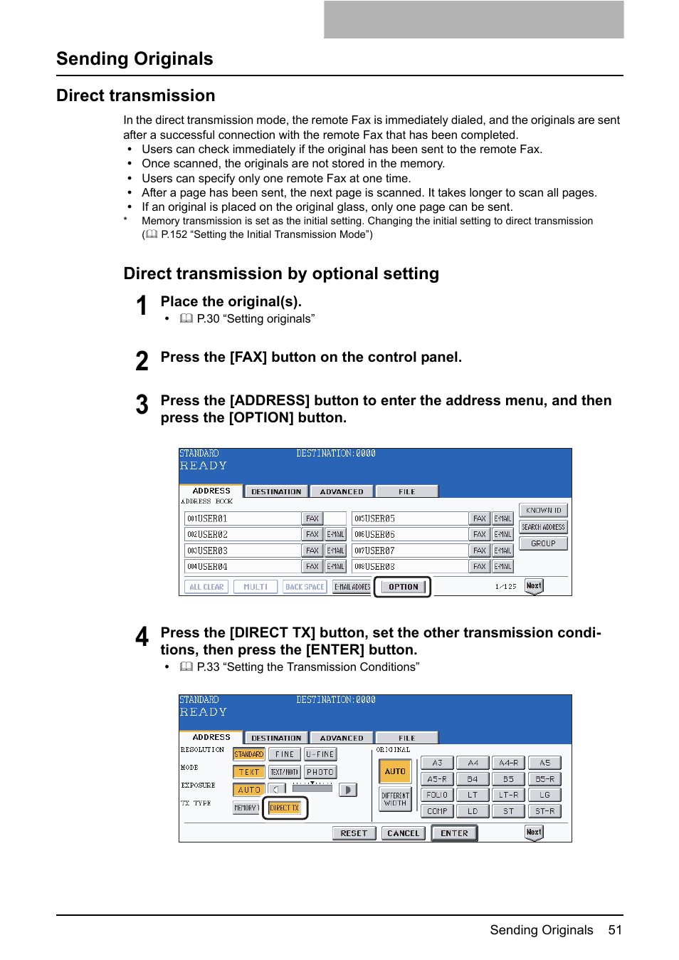 Sending originals, Direct transmission | Toshiba GD-1210 User Manual | Page 53 / 190