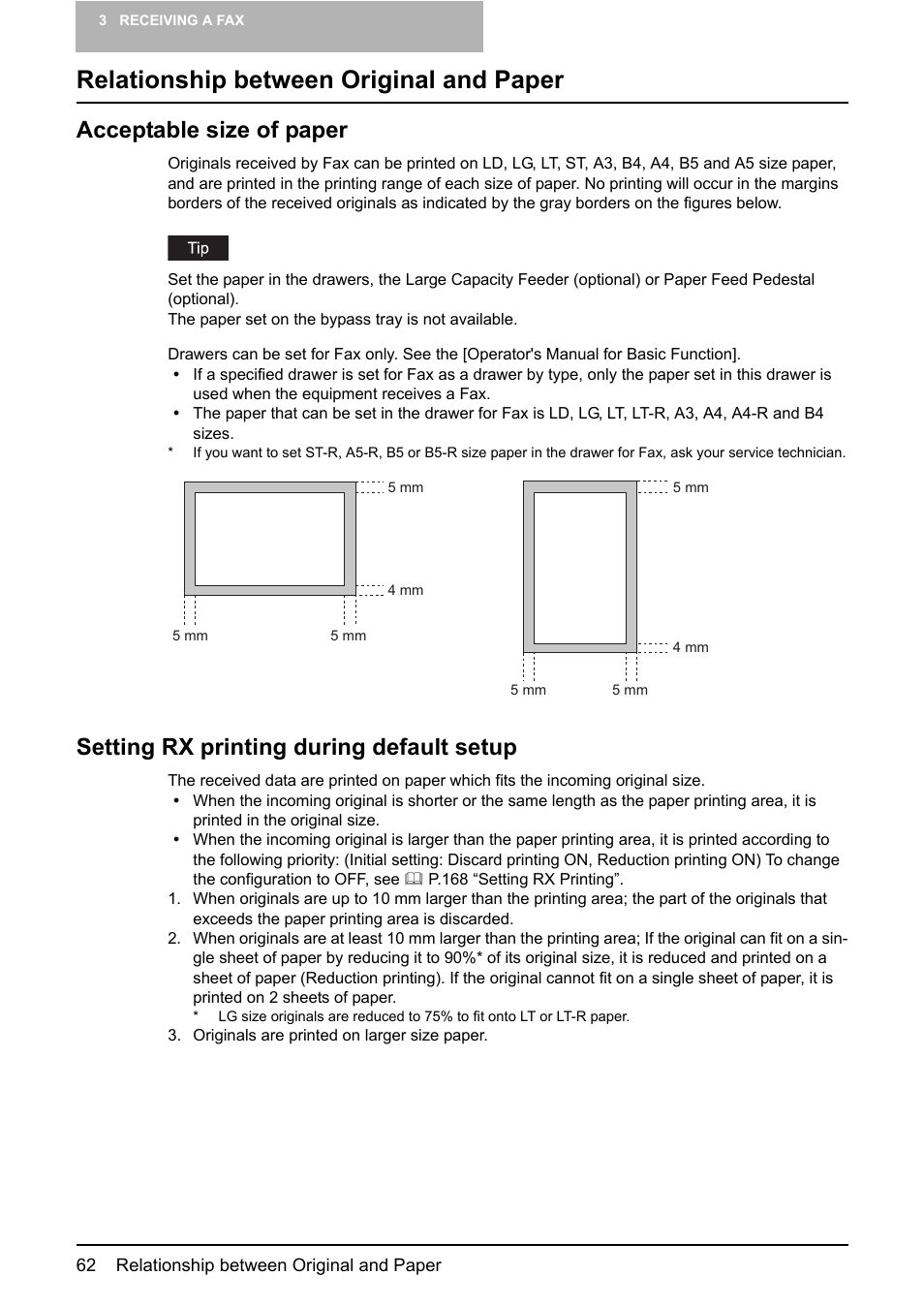 Relationship between original and paper, Acceptable size of paper, Setting rx printing during default setup | Toshiba GD-1210 User Manual | Page 64 / 190