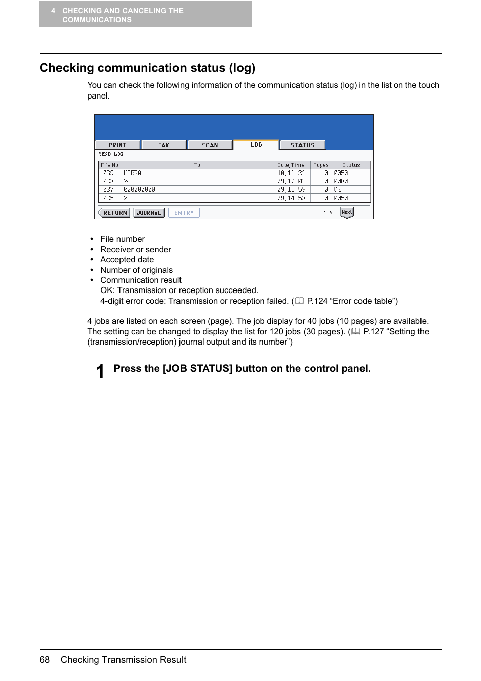 Checking communication status (log) | Toshiba GD-1210 User Manual | Page 70 / 190