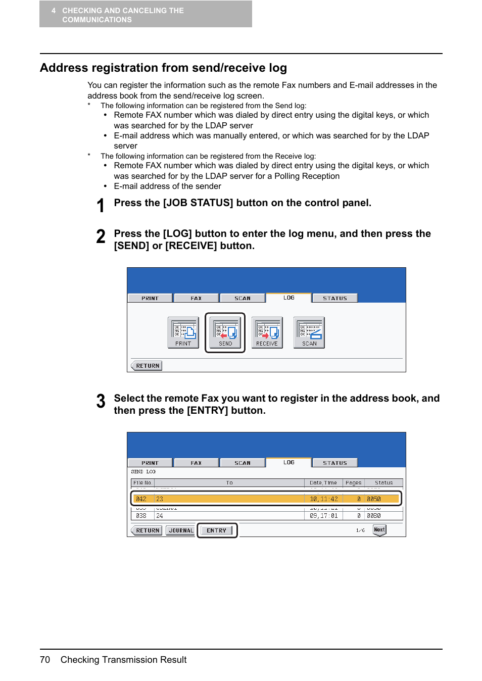 Address registration from send/receive log | Toshiba GD-1210 User Manual | Page 72 / 190