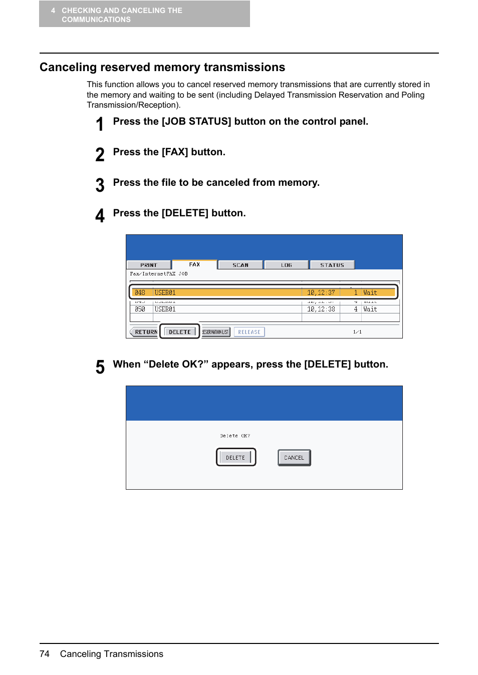 Canceling reserved memory transmissions | Toshiba GD-1210 User Manual | Page 76 / 190