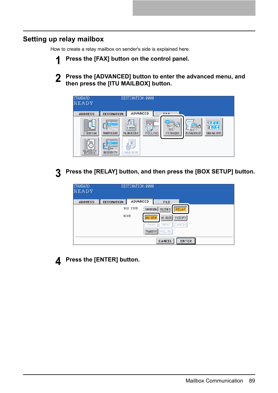 Setting up relay mailbox | Toshiba GD-1210 User Manual | Page 91 / 190