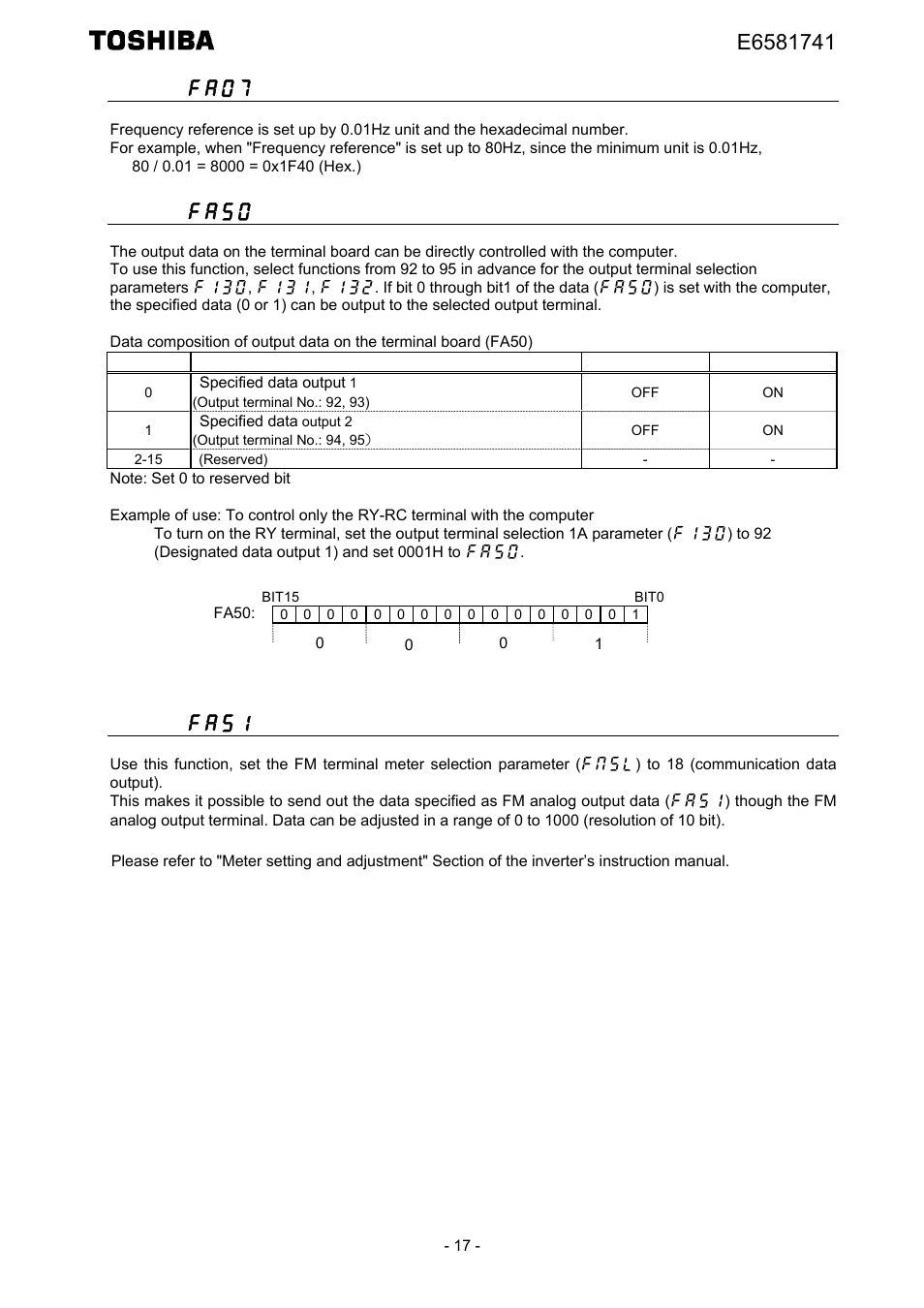 Fa07 (frequency reference from internal option), Fa50 (terminal output data from communication), Fa51 (analog output (fm) data from communication) | Toshiba Tosvert EtherNet/IP - Modbus TCP option IPE002Z User Manual | Page 18 / 89