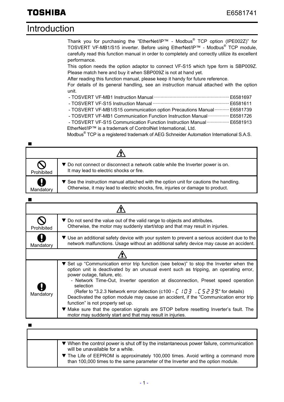 Introduction, Warning, Caution | Toshiba Tosvert EtherNet/IP - Modbus TCP option IPE002Z User Manual | Page 2 / 89