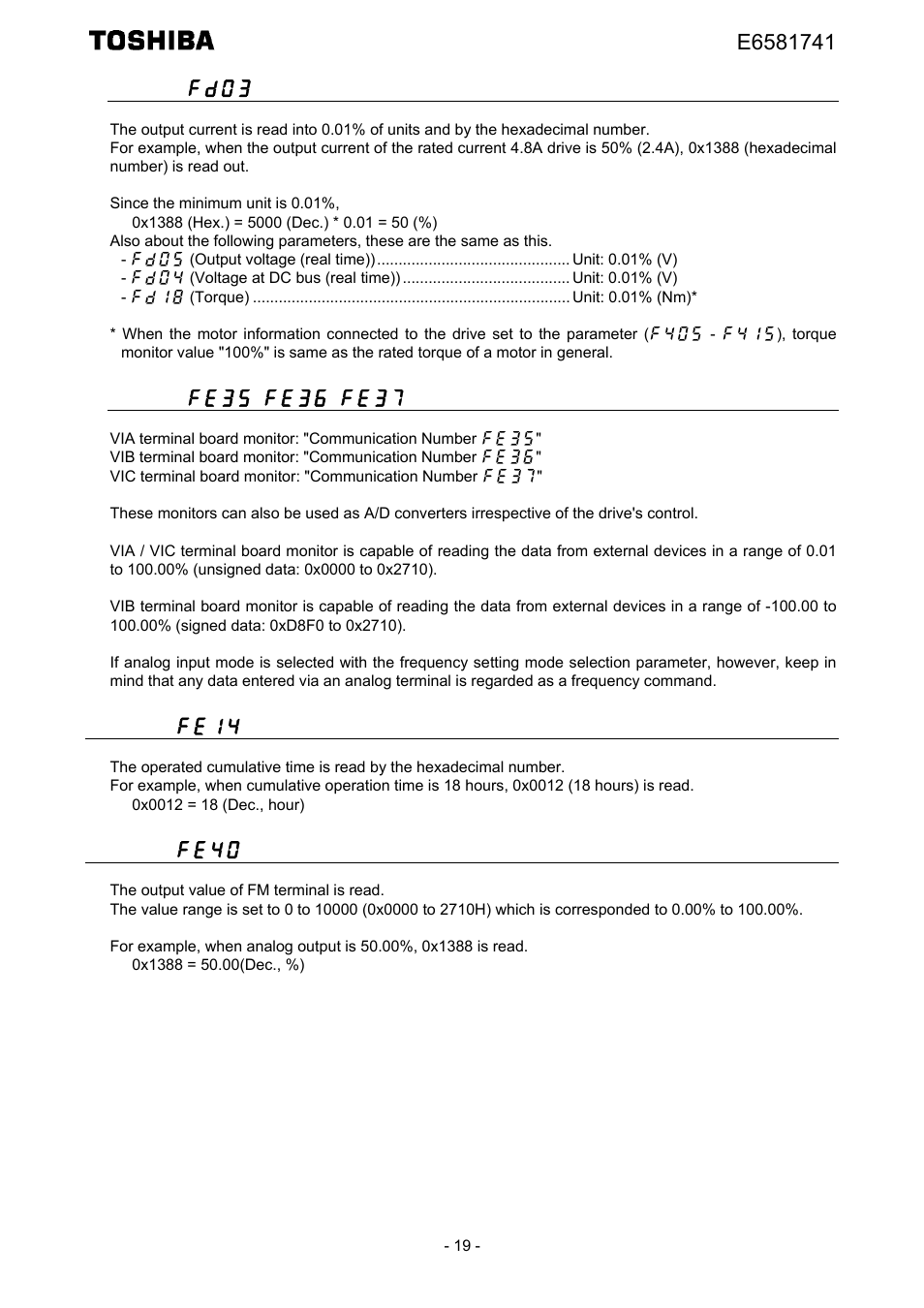 Fd03 (output current), Fe14 (cumulative run time), Fe40 (analog output (fm)) | Toshiba Tosvert EtherNet/IP - Modbus TCP option IPE002Z User Manual | Page 20 / 89