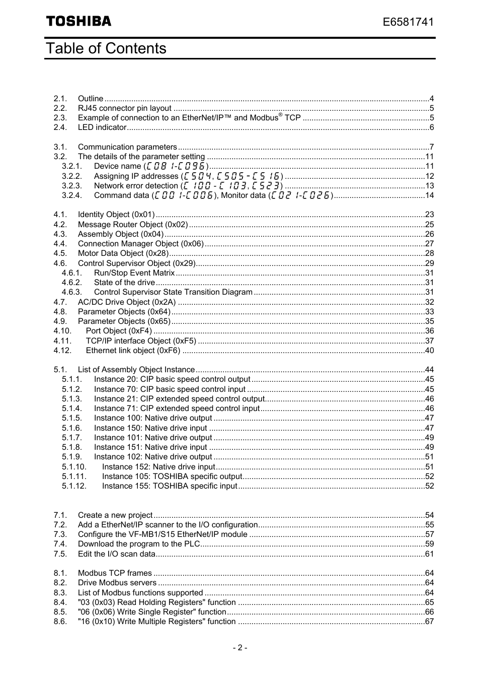 Toshiba Tosvert EtherNet/IP - Modbus TCP option IPE002Z User Manual | Page 3 / 89