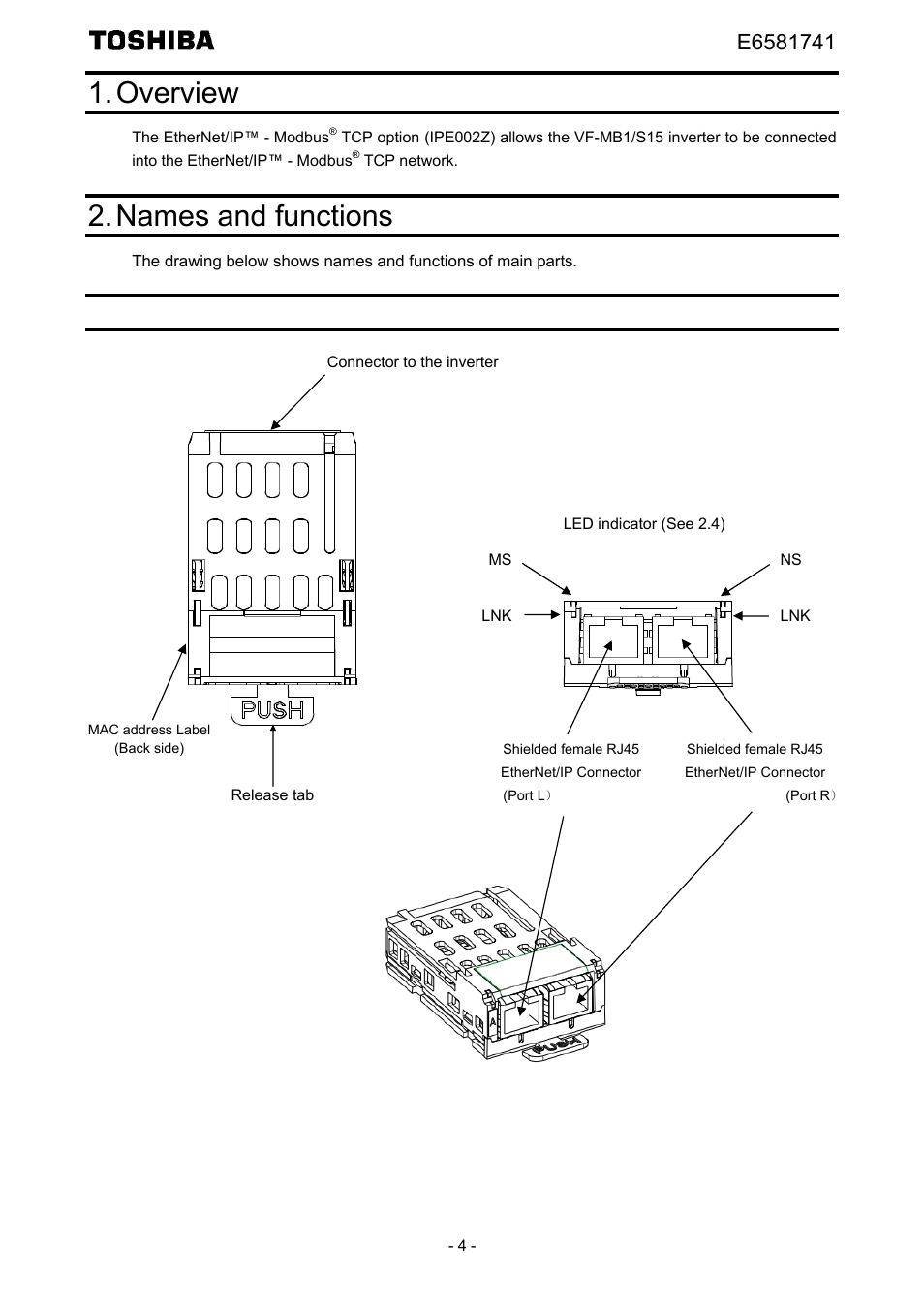 Overview, Names and functions, Outline | Toshiba Tosvert EtherNet/IP - Modbus TCP option IPE002Z User Manual | Page 5 / 89