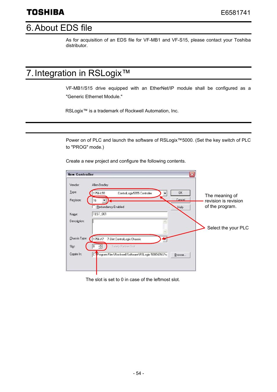 About eds file, Integration in rslogix, Create a new project | Toshiba Tosvert EtherNet/IP - Modbus TCP option IPE002Z User Manual | Page 55 / 89