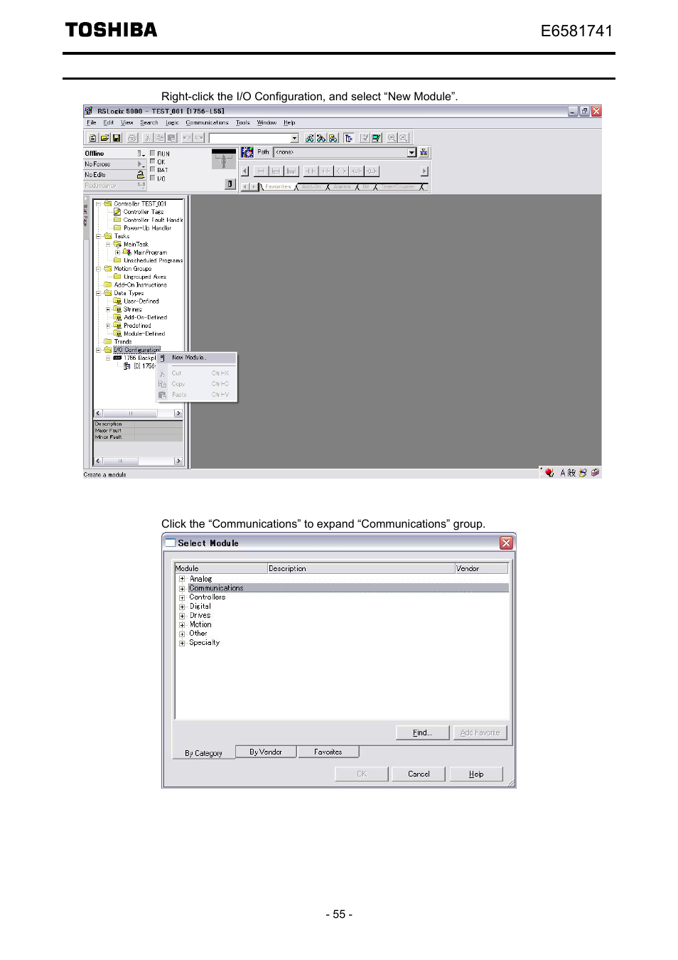 Add a ethernet/ip scanner to the i/o configuration | Toshiba Tosvert EtherNet/IP - Modbus TCP option IPE002Z User Manual | Page 56 / 89