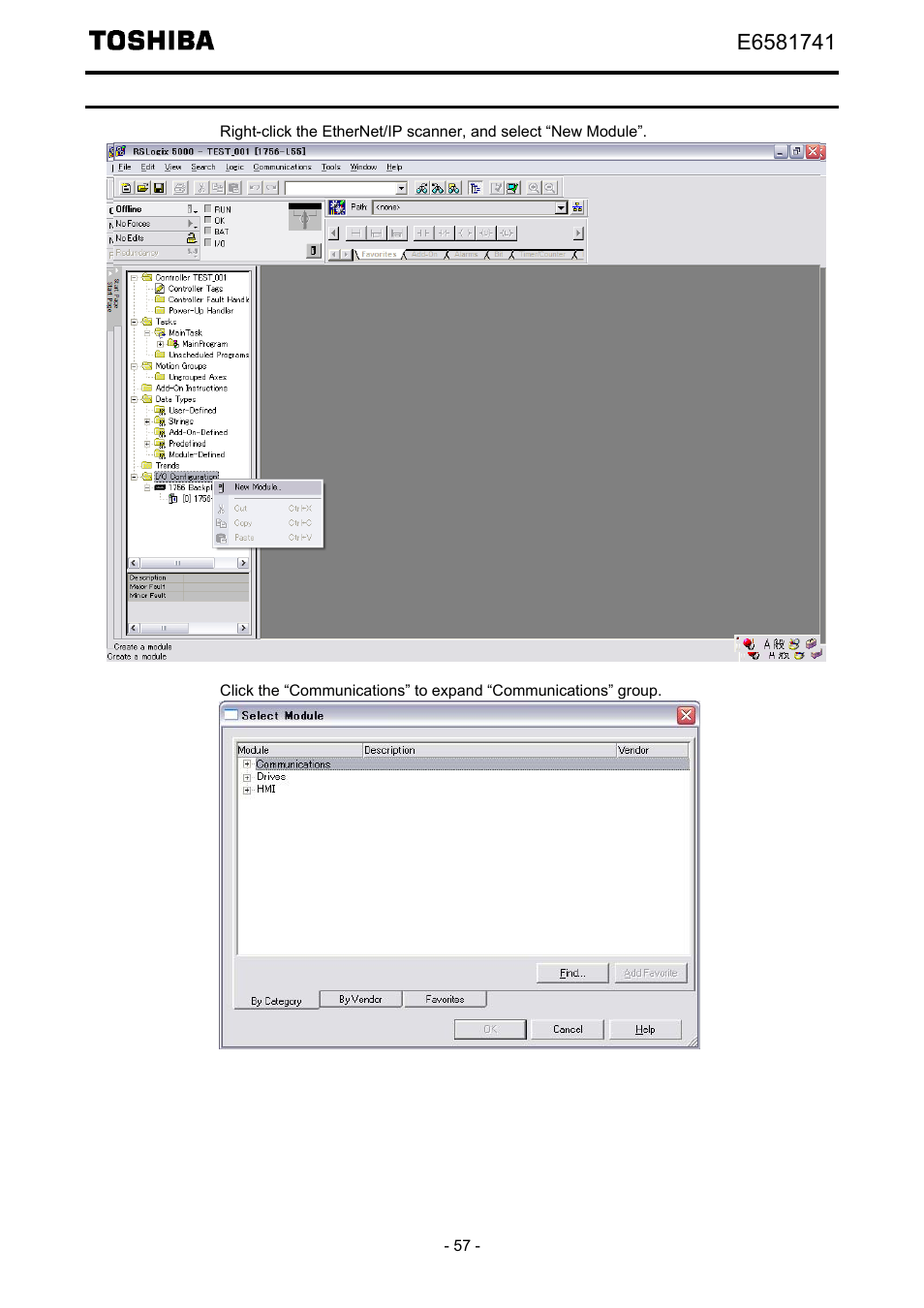 Configure the vf-mb1/s15 ethernet/ip module | Toshiba Tosvert EtherNet/IP - Modbus TCP option IPE002Z User Manual | Page 58 / 89