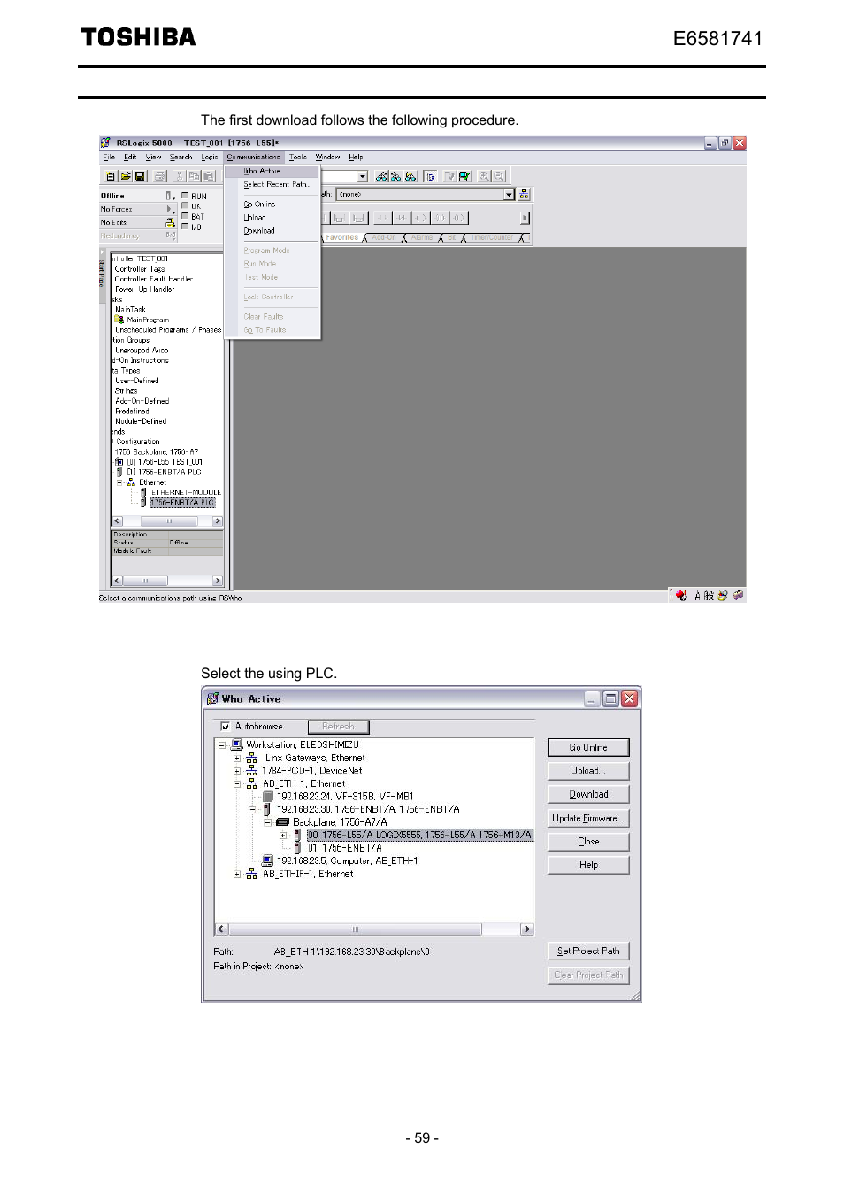 Download the program to the plc | Toshiba Tosvert EtherNet/IP - Modbus TCP option IPE002Z User Manual | Page 60 / 89