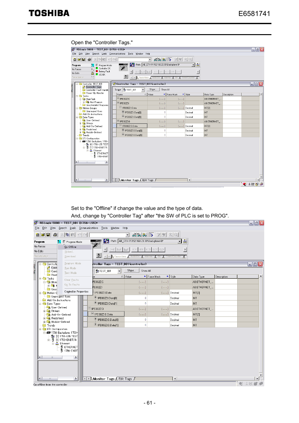 Edit the i/o scan data | Toshiba Tosvert EtherNet/IP - Modbus TCP option IPE002Z User Manual | Page 62 / 89