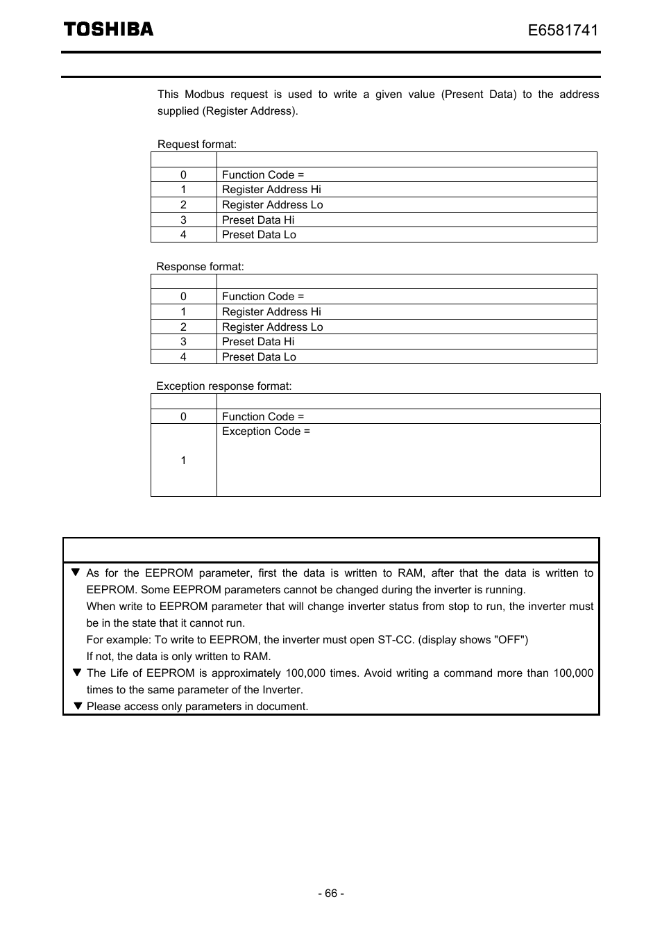 "06 (0x06) write single register" function | Toshiba Tosvert EtherNet/IP - Modbus TCP option IPE002Z User Manual | Page 67 / 89