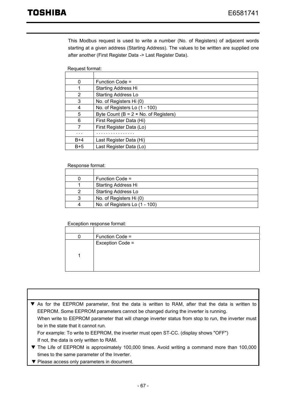 "16 (0x10) write multiple registers" function | Toshiba Tosvert EtherNet/IP - Modbus TCP option IPE002Z User Manual | Page 68 / 89