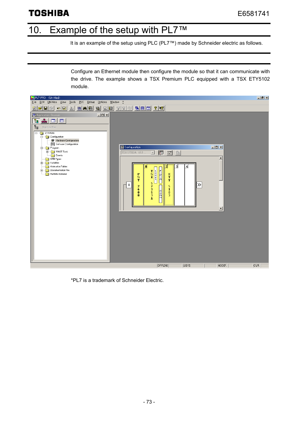 Example of the setup with pl7, Defining the hardware configuration | Toshiba Tosvert EtherNet/IP - Modbus TCP option IPE002Z User Manual | Page 74 / 89