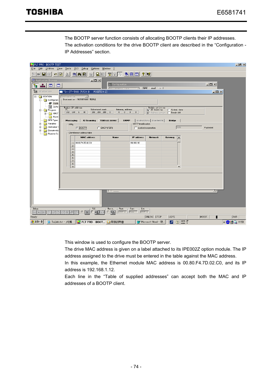 Bootp configuration | Toshiba Tosvert EtherNet/IP - Modbus TCP option IPE002Z User Manual | Page 75 / 89