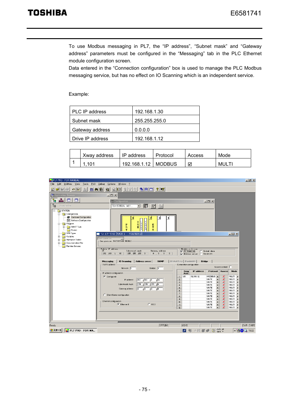 Configuring modbus messaging | Toshiba Tosvert EtherNet/IP - Modbus TCP option IPE002Z User Manual | Page 76 / 89