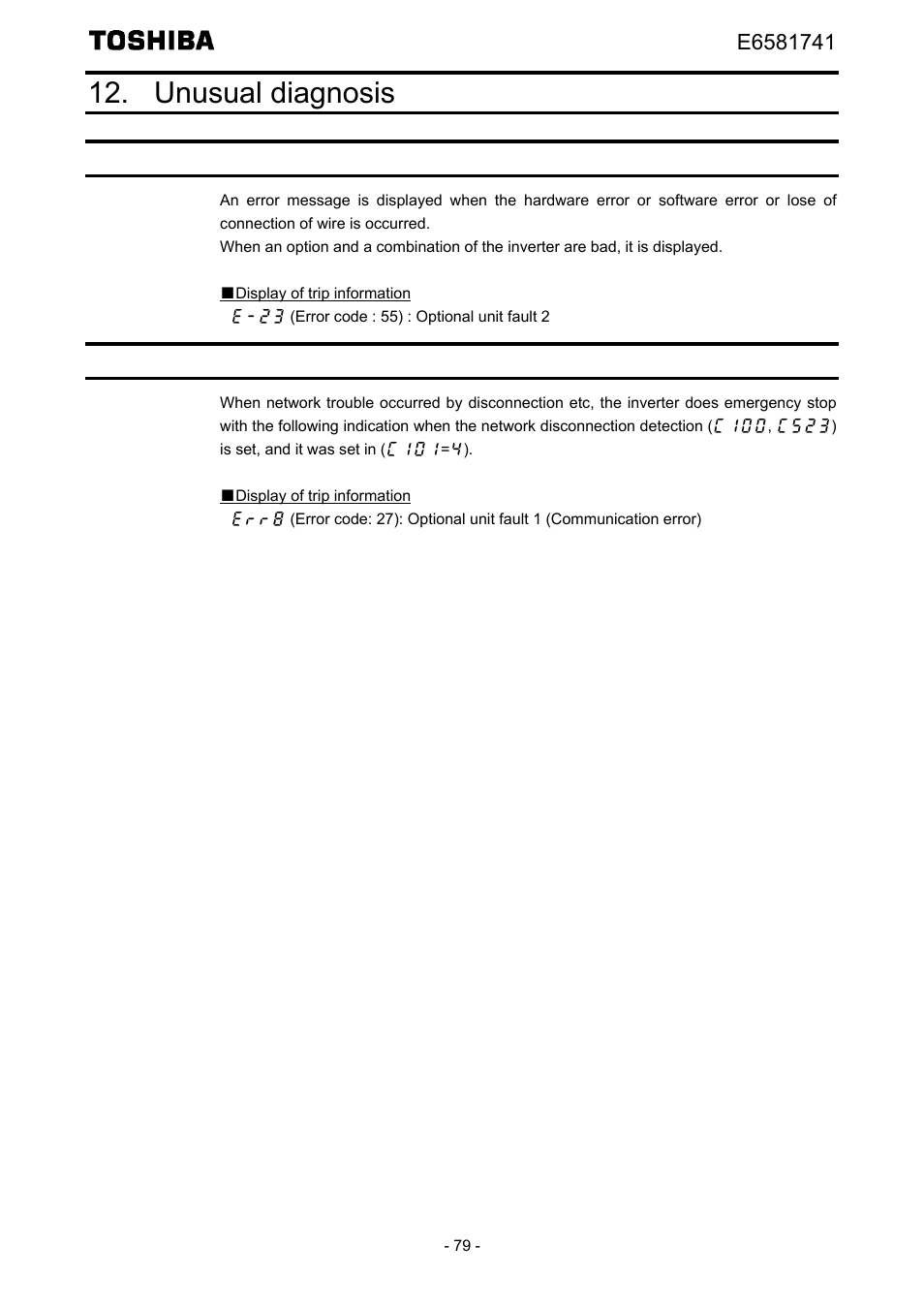 Unusual diagnosis, Option error, Disconnection error of network cable | Toshiba Tosvert EtherNet/IP - Modbus TCP option IPE002Z User Manual | Page 80 / 89