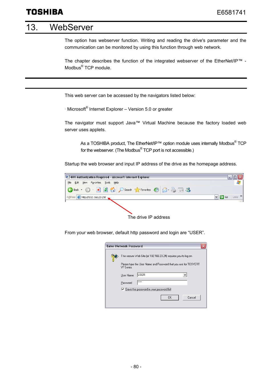 Webserver, Access to the webserver | Toshiba Tosvert EtherNet/IP - Modbus TCP option IPE002Z User Manual | Page 81 / 89