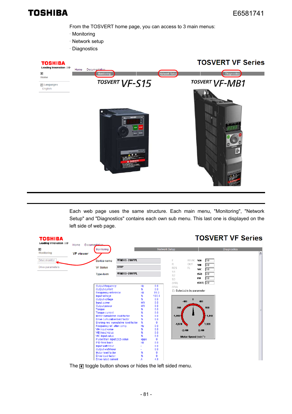 Web pages structure | Toshiba Tosvert EtherNet/IP - Modbus TCP option IPE002Z User Manual | Page 82 / 89