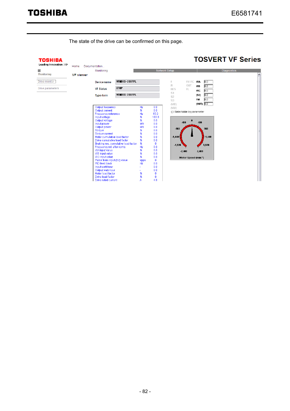 Drive monitor (main menu: monitoring) | Toshiba Tosvert EtherNet/IP - Modbus TCP option IPE002Z User Manual | Page 83 / 89