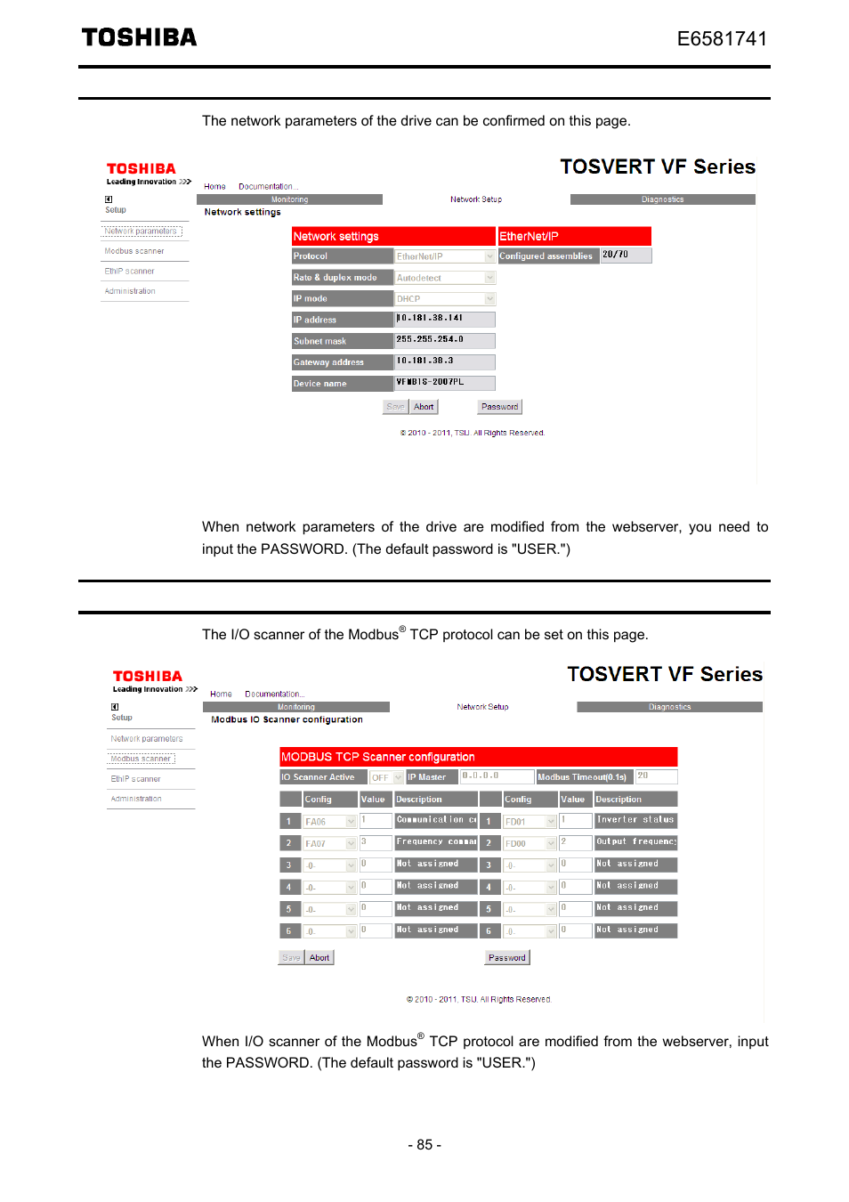 Network parameters (main menu: network setup), Modbus scanner (main menu: network setup) | Toshiba Tosvert EtherNet/IP - Modbus TCP option IPE002Z User Manual | Page 86 / 89