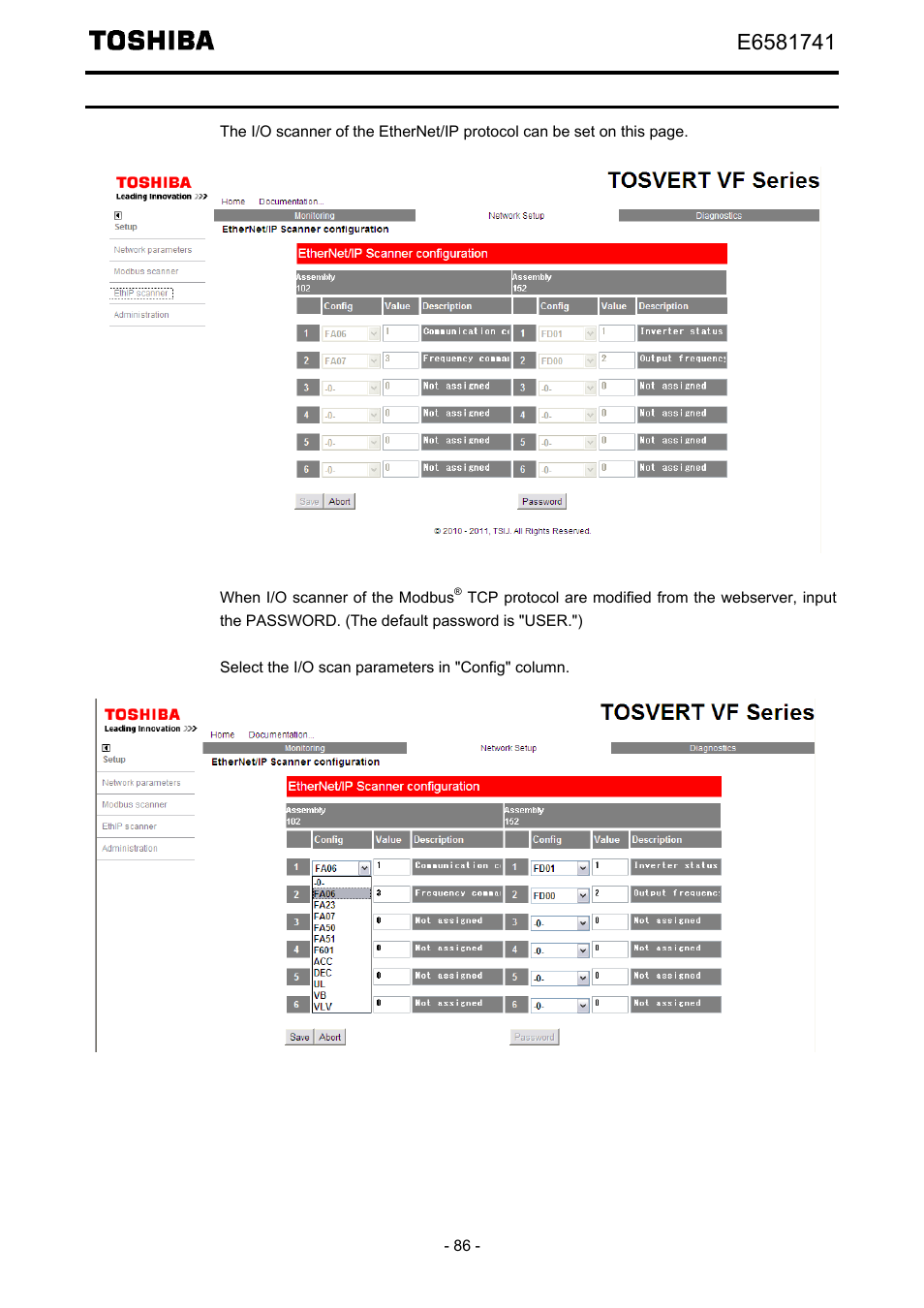 Ethip scanner (main menu: network setup) | Toshiba Tosvert EtherNet/IP - Modbus TCP option IPE002Z User Manual | Page 87 / 89