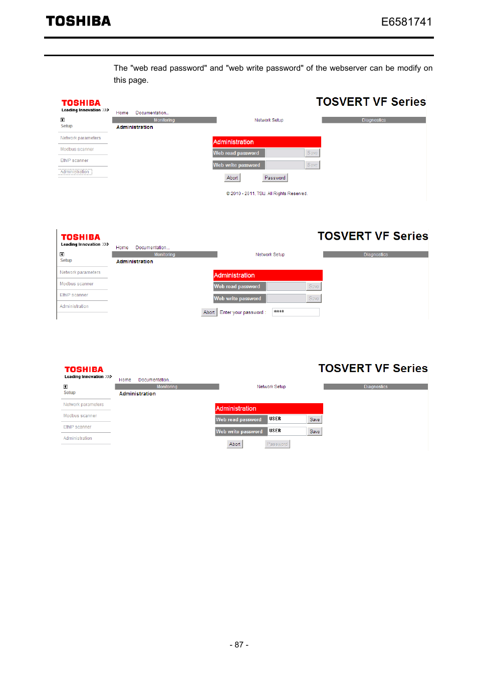 Administration (main menu: network setup) | Toshiba Tosvert EtherNet/IP - Modbus TCP option IPE002Z User Manual | Page 88 / 89