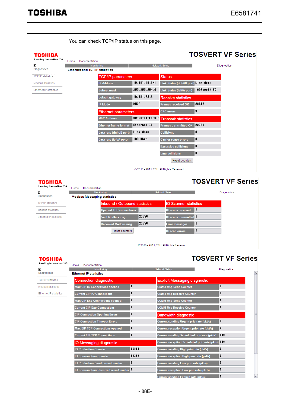 Tcp/ip statistics (main menu: diagnostics) | Toshiba Tosvert EtherNet/IP - Modbus TCP option IPE002Z User Manual | Page 89 / 89