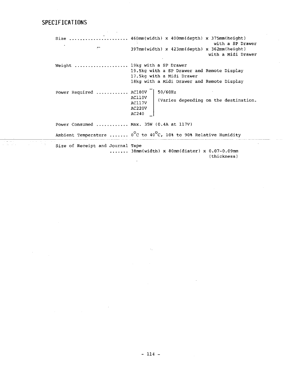 Specifications | Toshiba TEC MA-1060-100 Series User Manual | Page 118 / 118