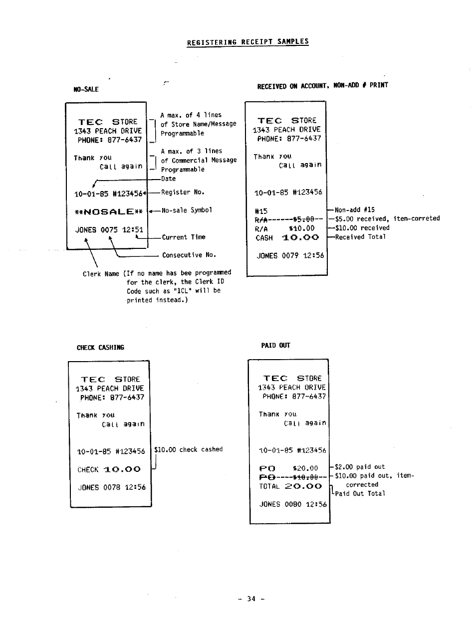 Registering receipt samples, Ho-sale, Received on account. non-add # print | Nosal.e, Check cashing, Paid out, R/pt | Toshiba TEC MA-1060-100 Series User Manual | Page 38 / 118