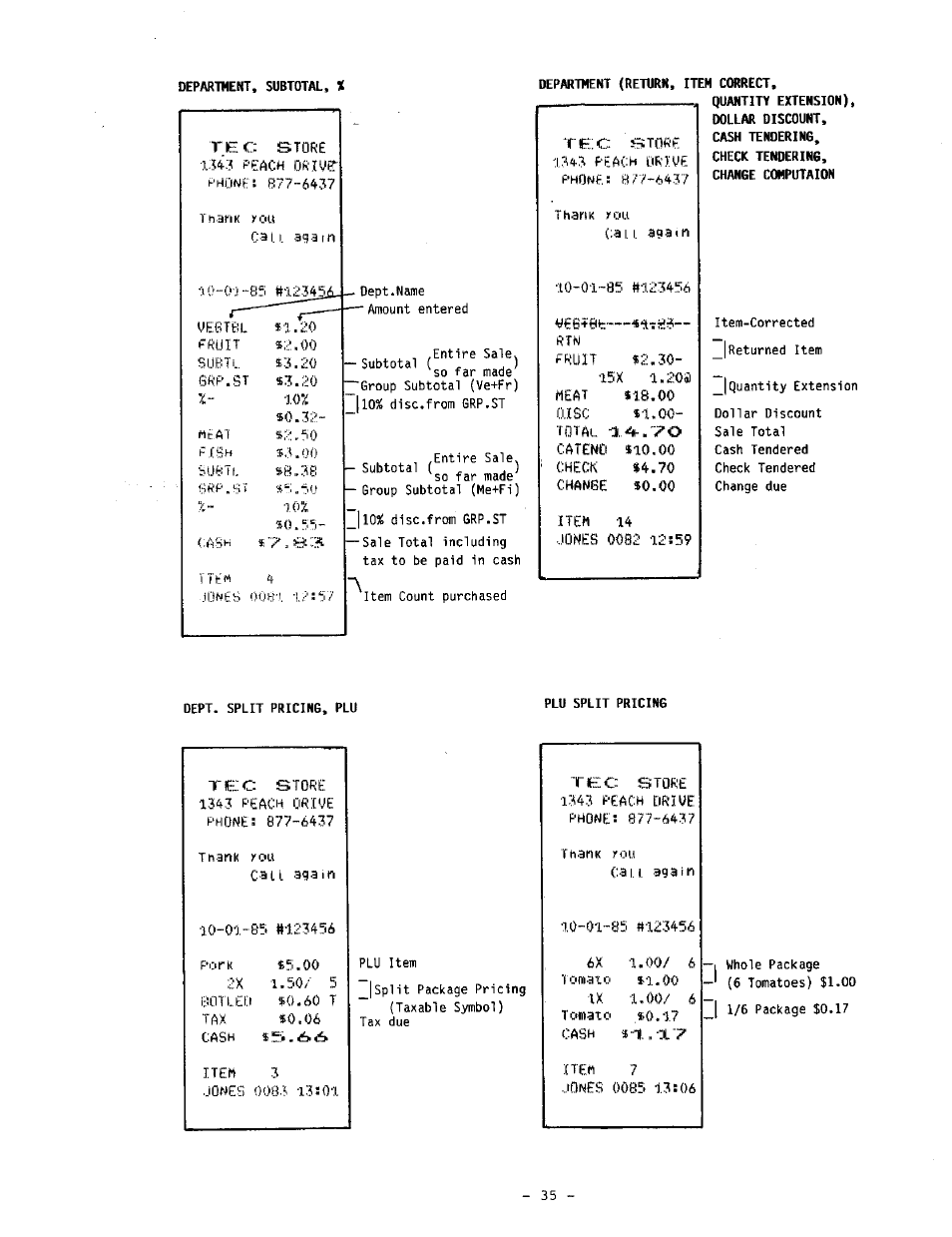 Department, subtotal, Department (return, item correct, Quantity extension) | Dept. split pricing, plu, Plu split pricing | Toshiba TEC MA-1060-100 Series User Manual | Page 39 / 118